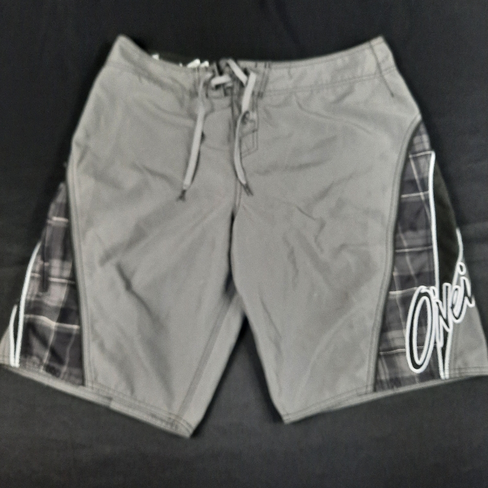 Size 34 Mens O'neill Swim trunks Surf board shorts Gray Black Plaid